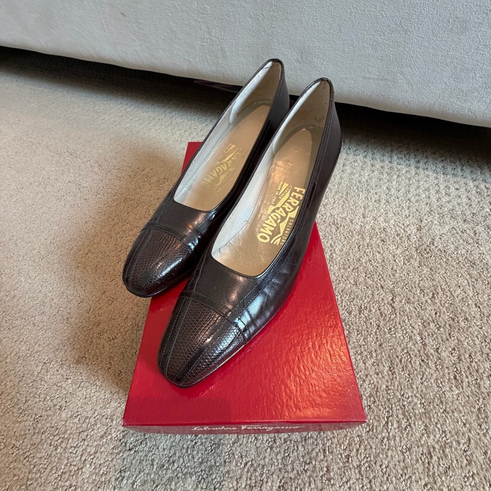 Salvatore Ferragamo Dark Brown Leather Low Heel Pumps